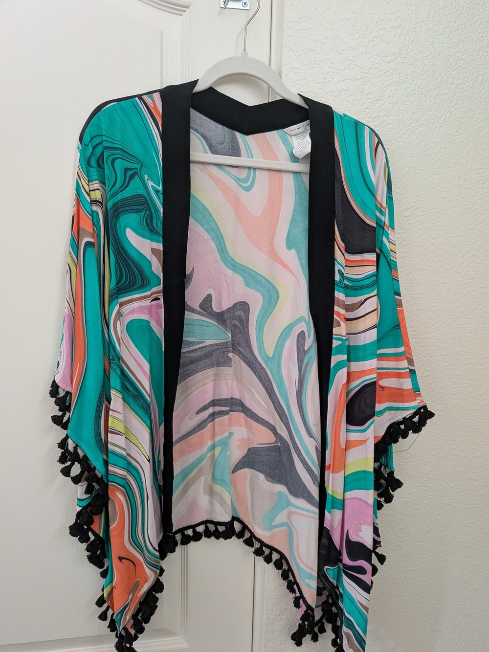 Trina Turk Pastel Swirl Beach Kimono with Black Trim - NWOT